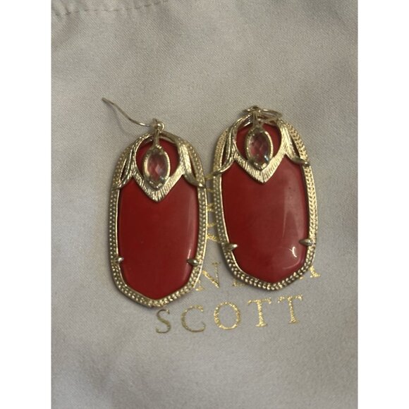 Kendra Scott Vintage Gold Darby Earrings Red Art Deco Western Style Dangle - Picture 2 of 3